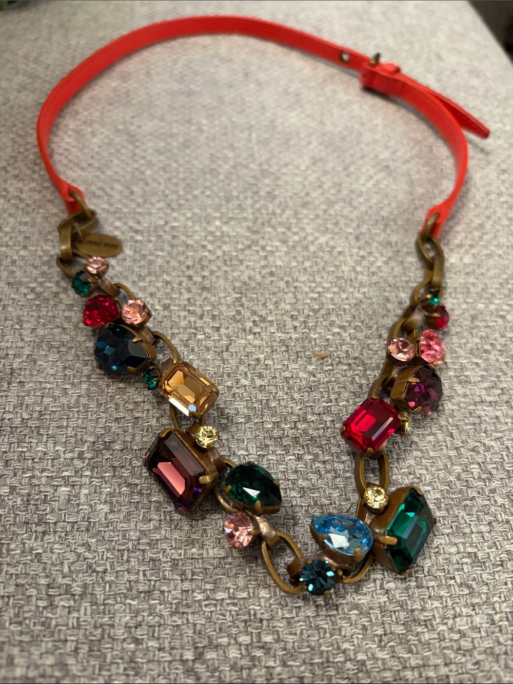 Miu Miu Multicolored Crystal Statement Necklace - leather Strap